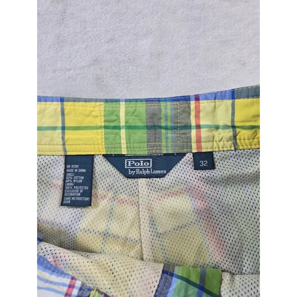 Polo‎ Ralph Lauren Madras Swim Trunks Mens 32 Green Yellow Plaid Cargo NEW